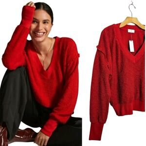 Anthropologie t.la Zuri Fringed V-Neck Sweatshirt, Size Medium, New with Tag